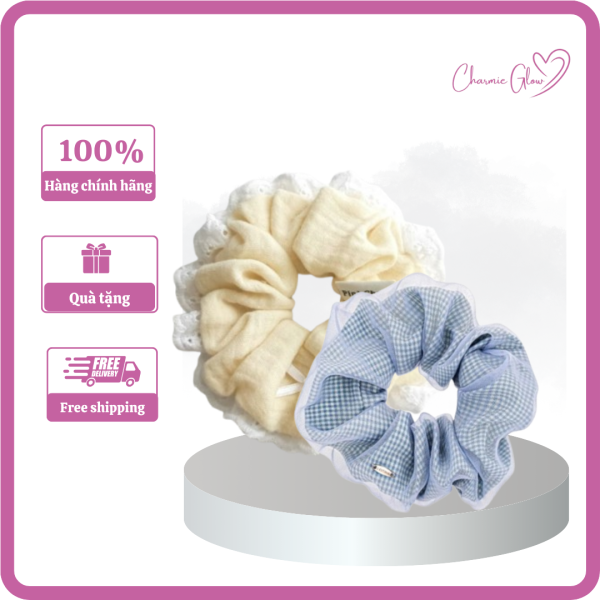 Dây buộc tóc scrunchies viền ren trắng