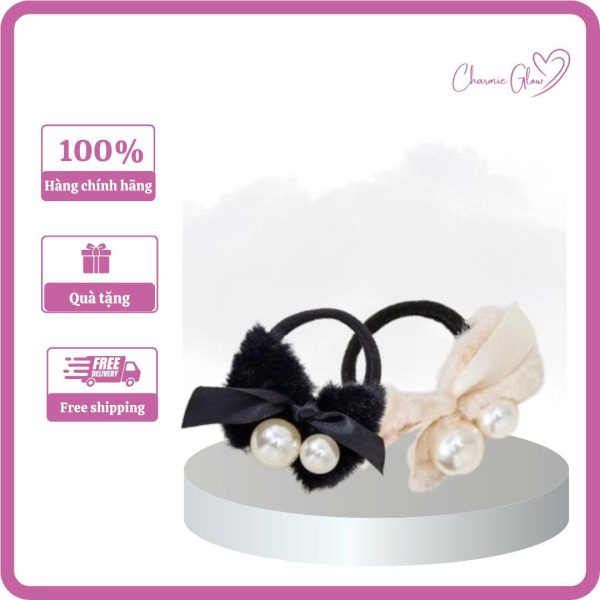 Dây buộc tóc chun bảo to nơ lông đính hạt ngọc to cực yêu - Charmie Glow